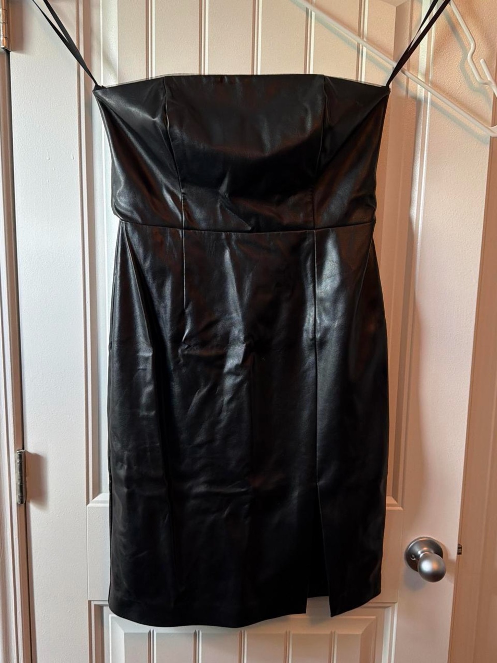 White House Black Market Black Strapless Faux Leather Midi Dress